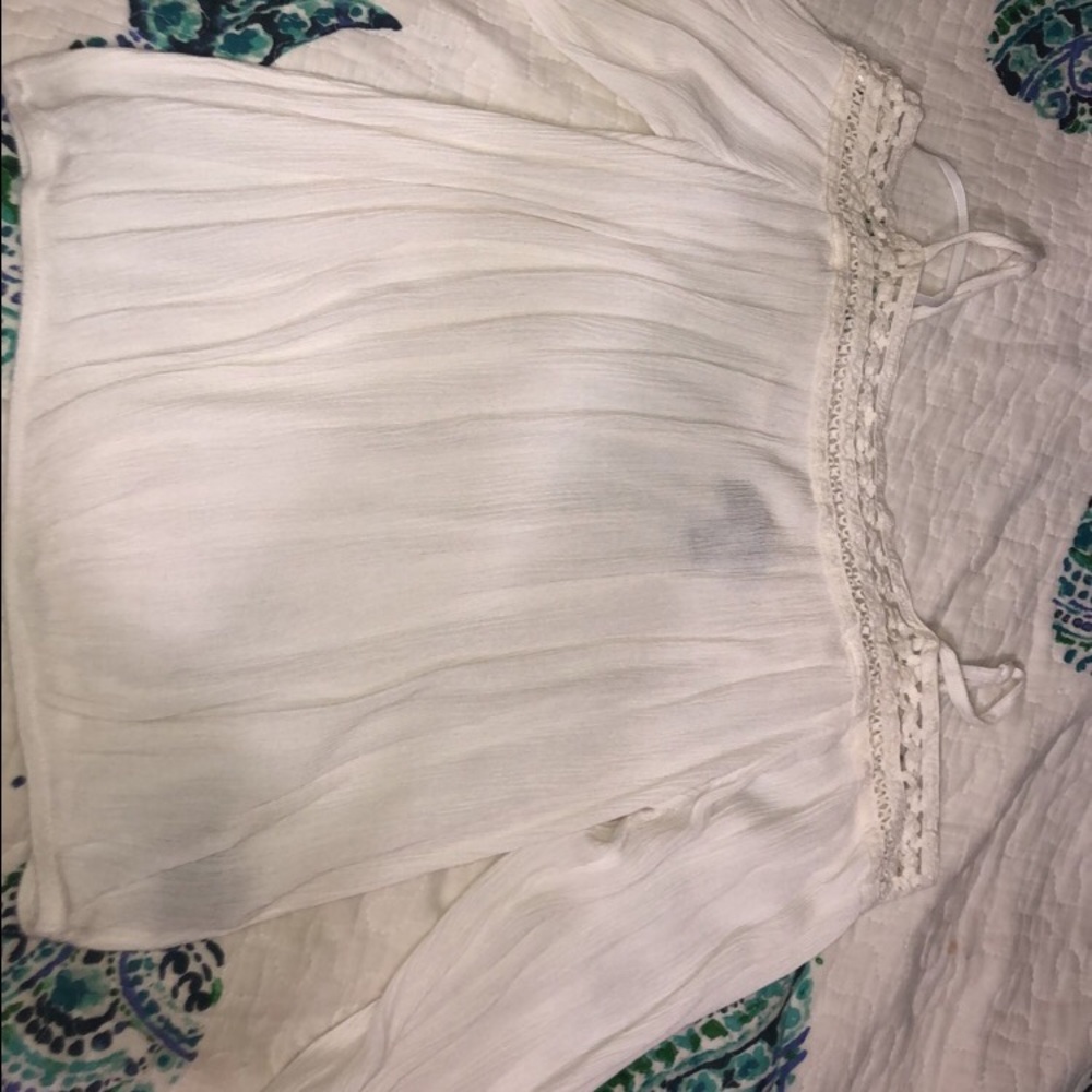 off the shoulder white lace shirt